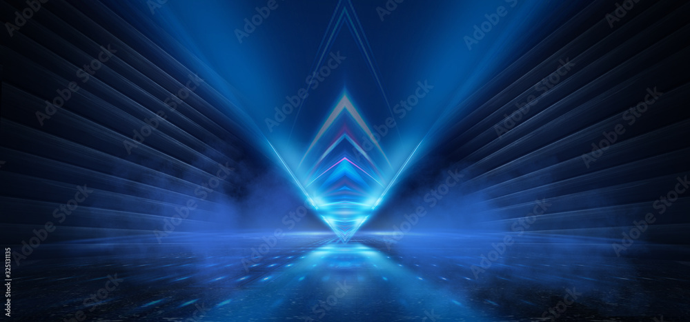 Dark background with lines and spotlights, neon light, night view ...