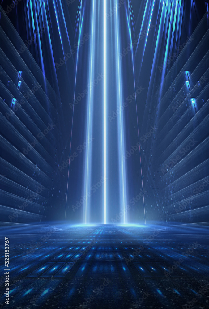 Dark background with lines and spotlights, neon light, night view ...