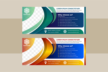 Poster - Collection gradient blue, green and gold horizontal business banner vector templates. clean modern geometric abstract background layout for website design. simple creative cover header. photo space