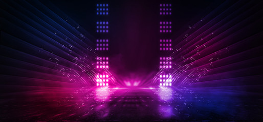 Dark background with lines and spotlights, neon light, night view. Abstract pink background.