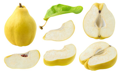 Wall Mural - isolated cut quince collection. whole quince fruit and pieces of different shape isolated on white b