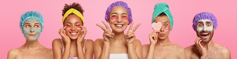 set of various women applies undereye patches, man with clay nourishing mask, attend beauty salon, b