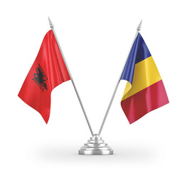 Romania and Albania table flags isolated on white 3D rendering