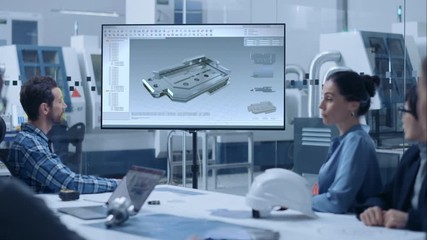 Poster - Modern Factory Office Meeting Room: Diverse Team of Engineers, Managers and Investors Talking at Conference Table, Watching Interactive TV that shows 3D Mechanism Made with CAD Software