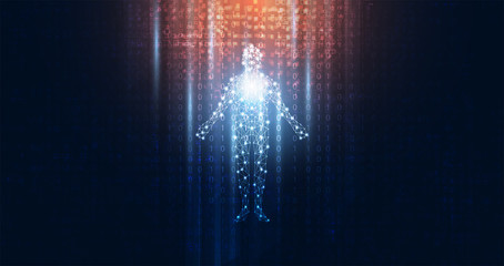 Poster - abstract technology futuristic concept of digital human body digital ai future design on hi tech bac