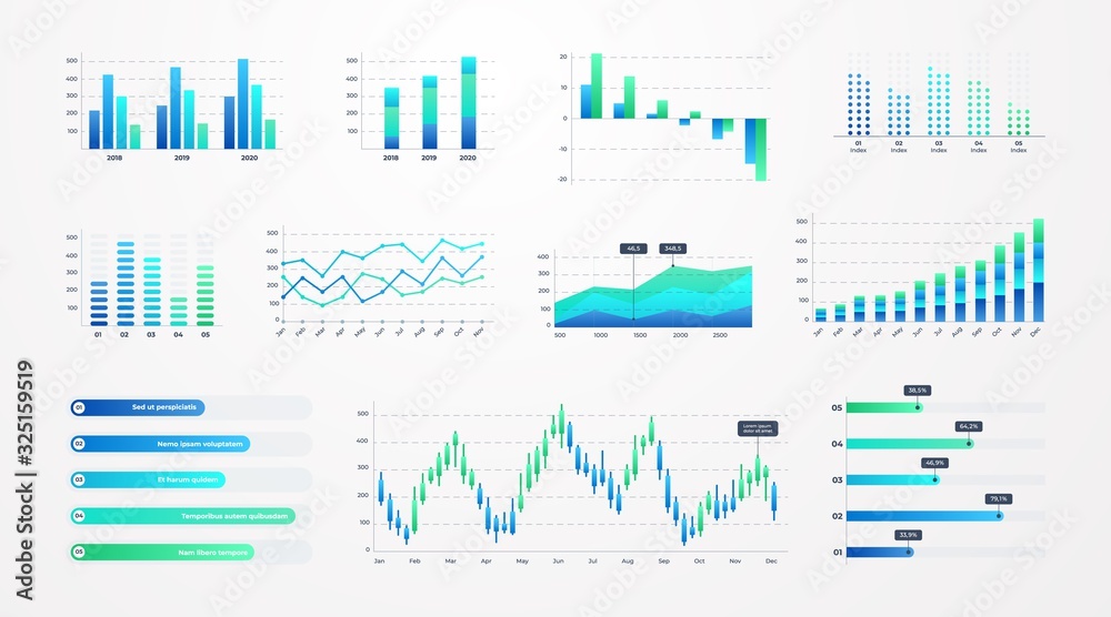 Histogram charts. Business infographic template with stock diagrams and statistic bars, line graphs and charts for presentation and finance report. Vector set charting on dashboard - obrazy, fototapety, plakaty 