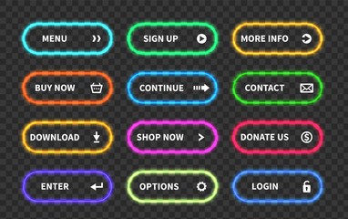 Aufkleber - Set of glow action buttons. Neon web submit form, modern transition sign, game navigation. Glowing 3d vector ui design bright element