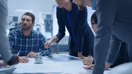 Aufkleber - Busy Diverse Team of Engineers and Specialists Gather Around Conference Table, They Discuss Project Drafts and Blueprints, Find Problem Solutions. Industrial Technology Factory / Office Meeting Room