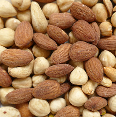 Wall Mural - Fresh dried nuts, almonds and cashews, close-up, crispy nuts,