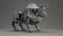 3D Composite Illustration Of A Bull Made Of Concrete And Chrome Material. Sculpture. 3D Rendering. Art