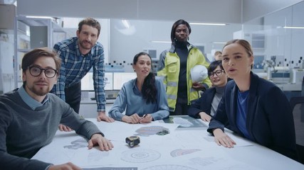 Poster - Factory Meeting Video Conference POV: Diverse and Multi-Ethnic Team of Engineers, Managers, Specialists Wave, Talk, Applaud while Looking at Camera. Background Electronics Industrial Factory