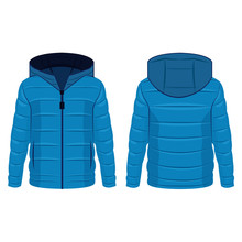 Light Blue Winter Down Zipped Jacket With Hood Isolated Vector On The White Background