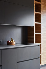 The Modern Kitchen Is Combined With Facades Made Of Natural Veneer And Painting In Color Anthracite