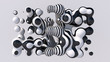 Striped liquid balls, black and white shape. Abstract illustration, 3d rendering.
