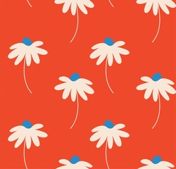 red and cream 1970's groovy vintage retro floral seamless vector pattern