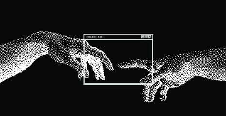 Fototapete - The Creation of AI, the hands going to touch together look like the Michelangelo's art work. Cyberpunk/ vaporwave style art collage.