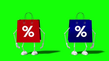 Sticker - 3D 4k two cartoon shopping bags with percent signs - sale/ discount concept