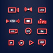 Set of live streaming red neon lights. Neon sign. Music style. Vector illustration.