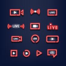 Set Of Live Streaming Red Neon Lights. Neon Sign. Music Style. Vector Illustration.