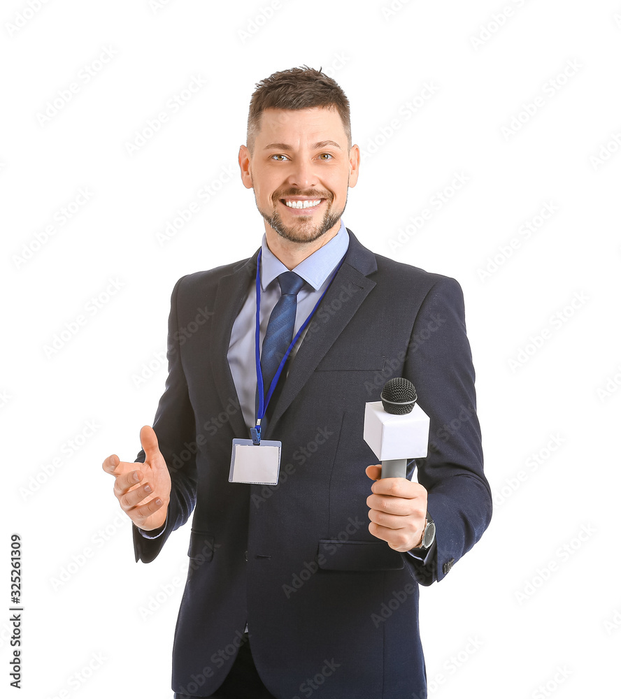 Male journalist with microphone on white background