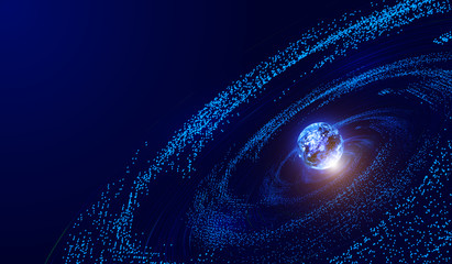 Poster - 3D earth, lines, particle universe vortex, network big data background.