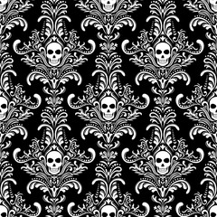 Gothic Skulls damask style black and white seamless pattern