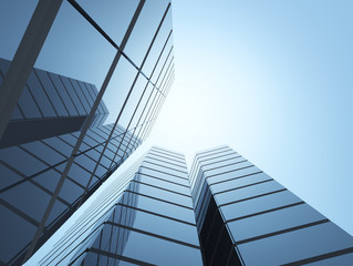 Poster - View of high rise glass office building on blue sky background,Business concept of future architecture,looking up to the sun light on the top of building. 3d rendering