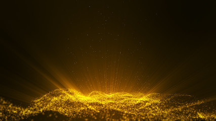 Wall Mural - Glow golden dust particle glitter sparks abstract background for celebration with light beam and shine in center.