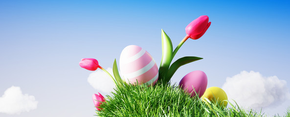 Wall Mural - Easter background colorful eggs and tulip on meadow with beautiful sky. 3d rendering