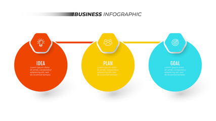 Timeline infographics template label design with circle and hexagon layout for business concept with 3 steps, options and marketing icons. Vector illustration.