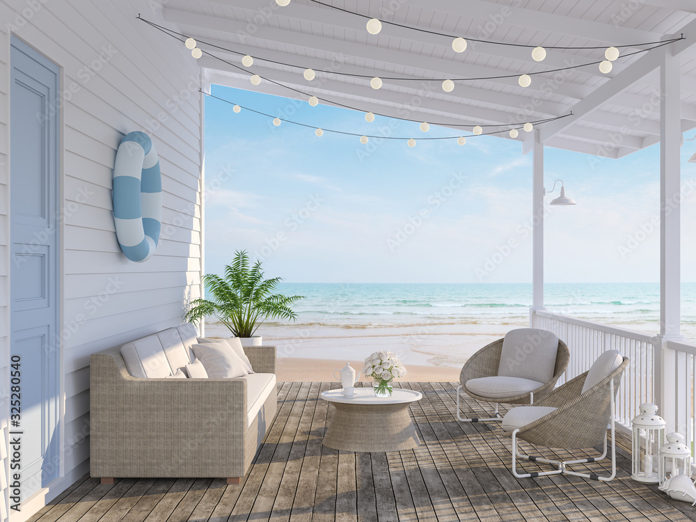 The wooden house terrace on the beach 3d render,Tthere has old wooden floors,white plank walls,blue doors decorated with fabric and rattan furniture, decorated with string lights, overlooking the sea. - obrazy, fototapety, plakaty 