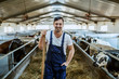 Smiling caucasian farmer in overalls leaning on hay fork and holding hand in pocket. Stable interior. All around are calves.
