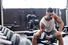 Fit And Muscular Man Doing Biceps Workouts With Dumbbells In Gym, Copy Space.