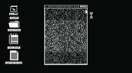 Aufkleber - Glitched screen with malware computer program. Pixel art style illustration like in old 1-bit black and white images.