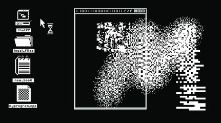 Aufkleber - Glitched screen with malware computer program. Pixel art style illustration like in old 1-bit black and white images.