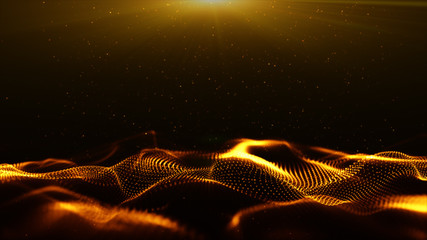 Poster - digital particles wave flow gold color with bokeh abstract motion background concept
