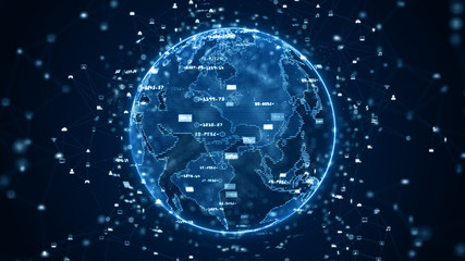 Poster - Technology Network Data Connection, Digital Data Network and Cyber Security Concept. Earth element furnished by Nasa..