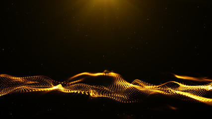 Wall Mural - Digital particles wave flow gold color with bokeh abstract motion background concept