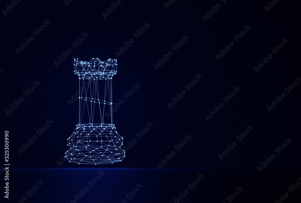 Chess ROOK consists of dots and lines that glow blue on a black scene ...