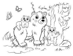 Wall Mural - Coloring page outline of cute cartoon bear family. Vector image of bear mom with her cubs on forest background. Coloring book of forest wild animals for kids