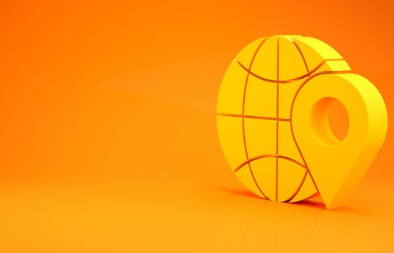Yellow Location on the globe icon isolated on orange background. World or Earth sign. Minimalism concept. 3d illustration 3D render