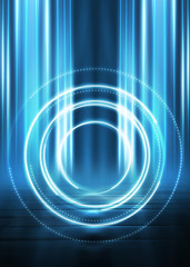 dark blue abstract futuristic background. laser geometric figure of a cyber circle in the center of 