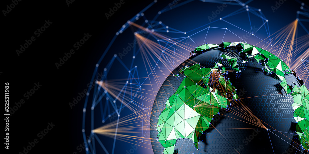 Communication technology for internet business. Global world network with air routes. 3d illustration - obrazy, fototapety, plakaty 