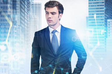 Poster - Confident manager in city, digital interface