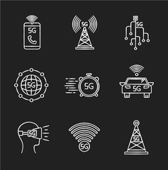 Canvas Print - 5G wireless technology chalk white icons set on black background. Cell tower, improved phone calls. VR headset. Fast connection. Mobile cellular network. Isolated vector chalkboard illustrations