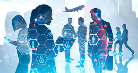 Poster - Business people in Moscow city, digital interface