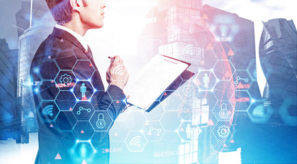 Poster - Man with clipboard in city, business interface