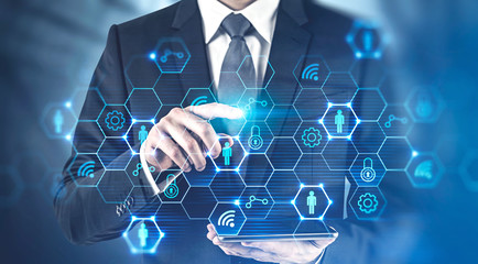 Poster - Man with tablet using business interface