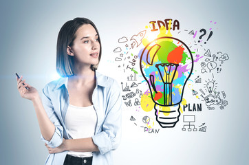 Poster - woman with pen and her bright business idea