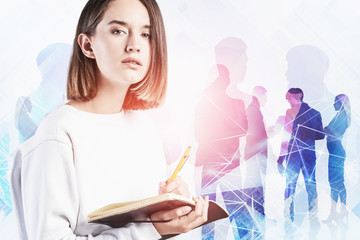 Poster - Woman with notebook and her team, network